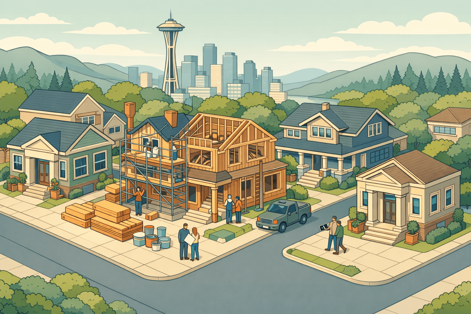 Isometric Seattle neighborhood scene with craftsman homes under renovation, a mortgage office, tiny figures with blueprints, and the Space Needle in the background.