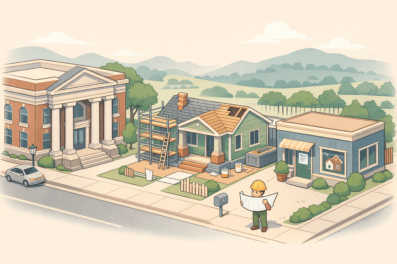 Isometric scene of a Texas neighborhood with a bank, a house under renovation with scaffolding, and a small figure reviewing building plans outside.