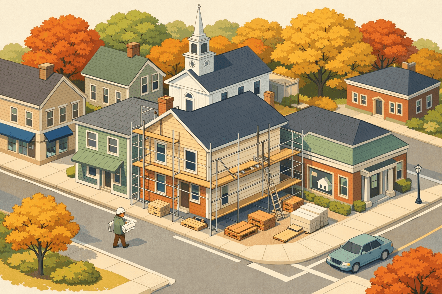 Isometric Vermont village street with a New England building under renovation, a corner bank, and a small figure reviewing architectural plans.
