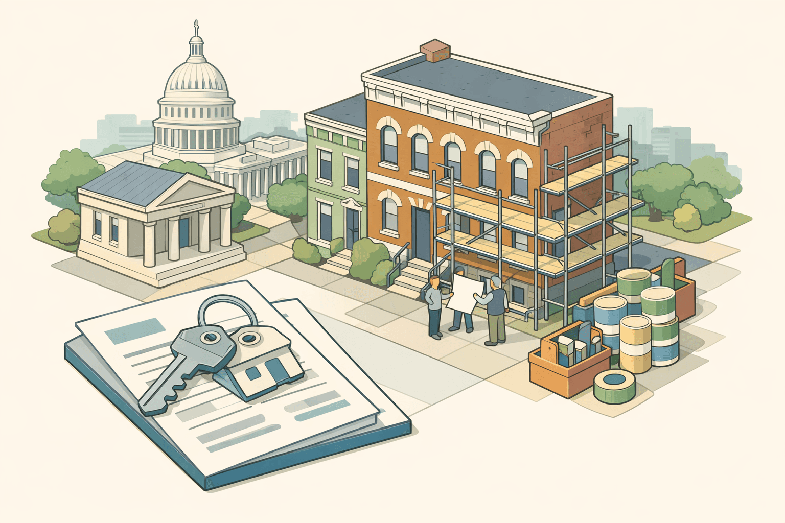 A Washington DC rowhouse under renovation with scaffolding, the Capitol dome in the background, and tiny figures carrying blueprints near a small bank building.