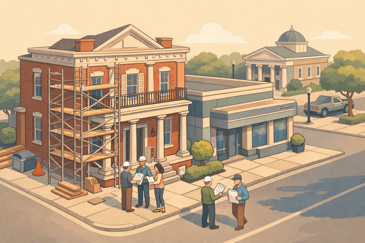An Alabama street scene with a historic brick building under renovation next to a mortgage office, shown in isometric style with small figures and soft pastel colors.