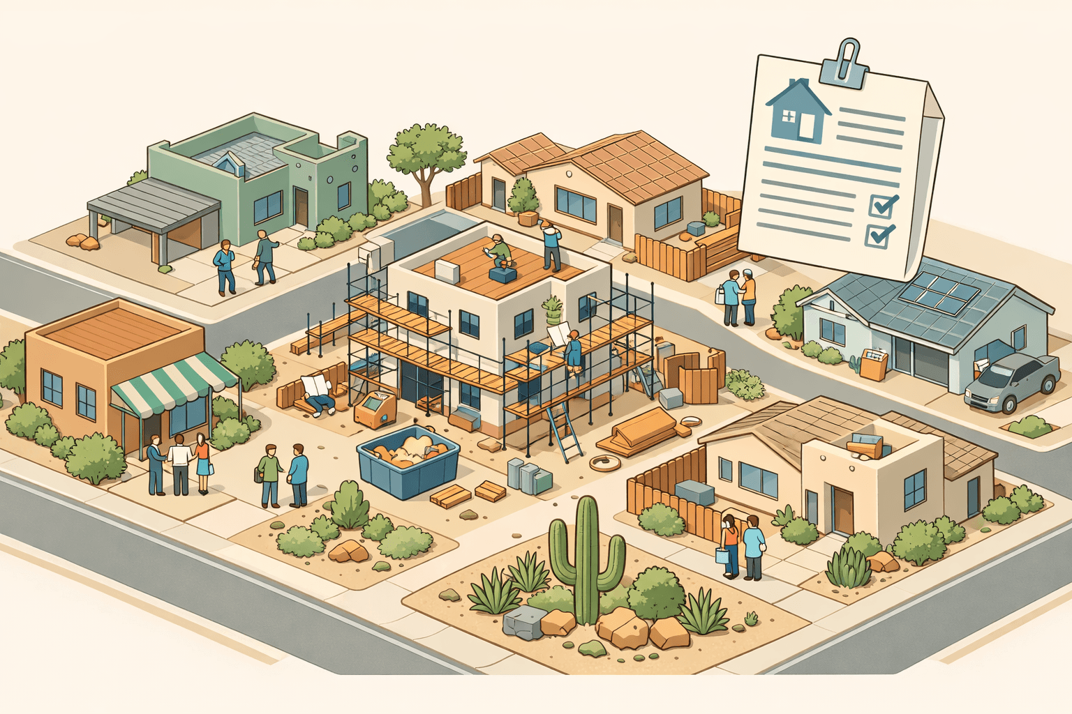 Isometric scene of an Arizona neighborhood with homes under renovation, a mortgage office, and small figures representing homebuyers and construction workers.