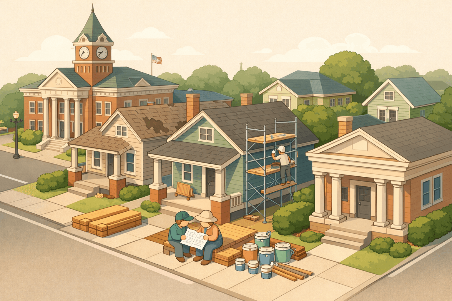 Isometric scene of an Arkansas town street with a historic courthouse, homes under renovation, a community bank, and tiny figures reviewing house blueprints.