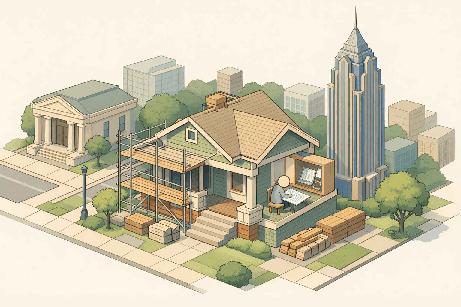 Isometric Atlanta neighborhood scene showing a home under renovation with scaffolding, a nearby bank building, and a small figure reviewing blueprints outside.