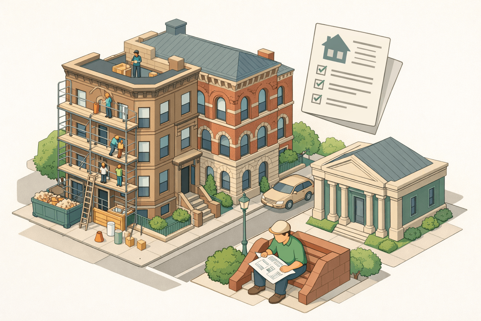 Isometric scene of a Boston brownstone neighborhood with a home under renovation, a small bank building, scaffolding, and tiny figures reviewing construction plans.
