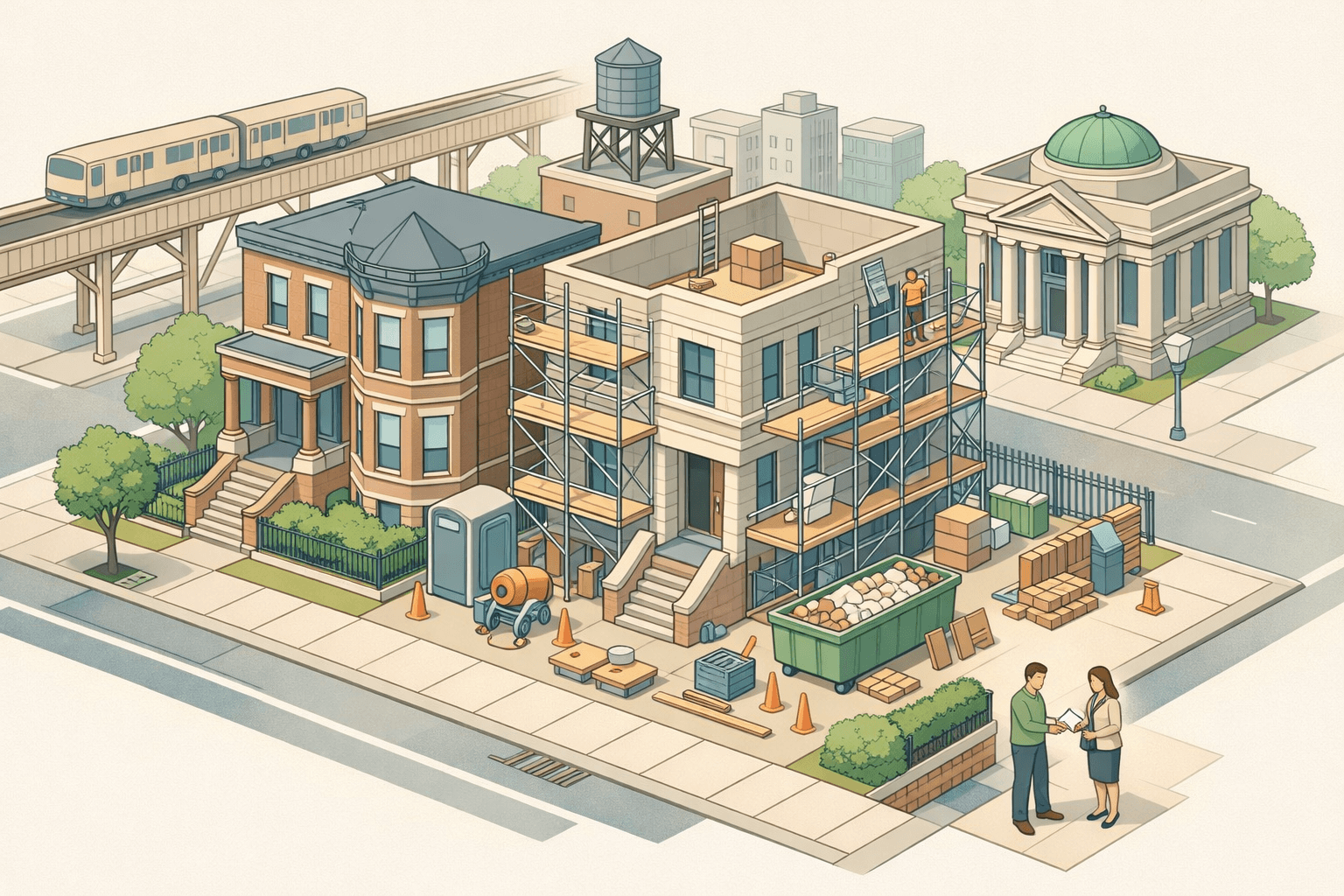 Isometric scene of a Chicago brownstone under renovation with scaffolding, a nearby bank building, and small figures exchanging mortgage documents outside.