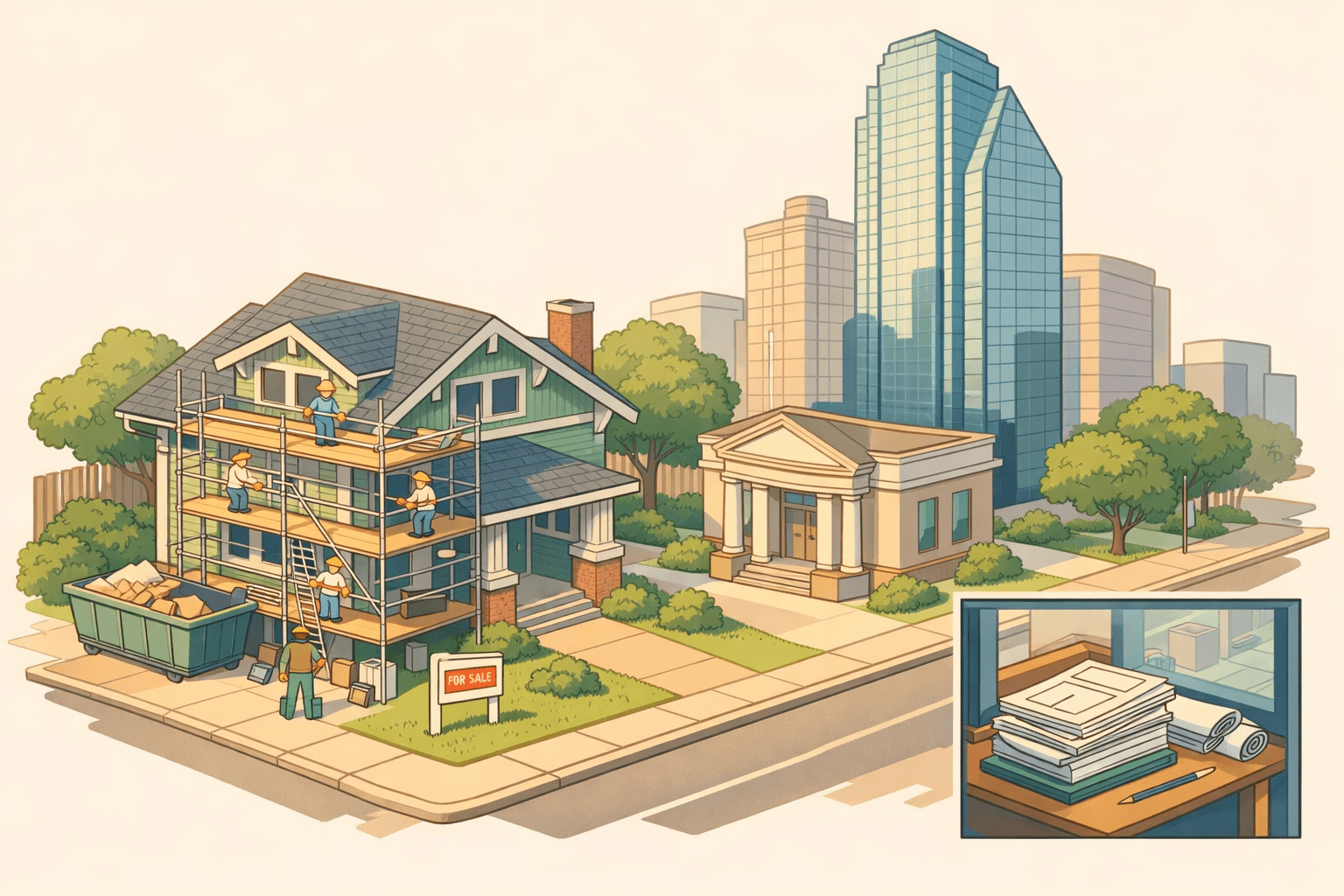 Isometric scene of a Dallas neighborhood with a fixer-upper house under renovation, a nearby bank building, and downtown office towers in the background.