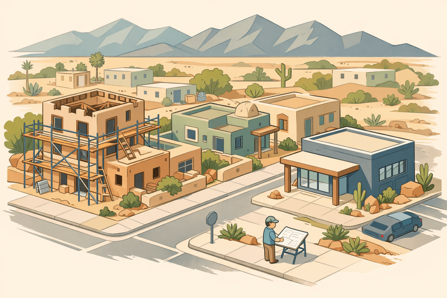 Isometric illustration of El Paso homes being renovated near a small mortgage office with mountains in the background.