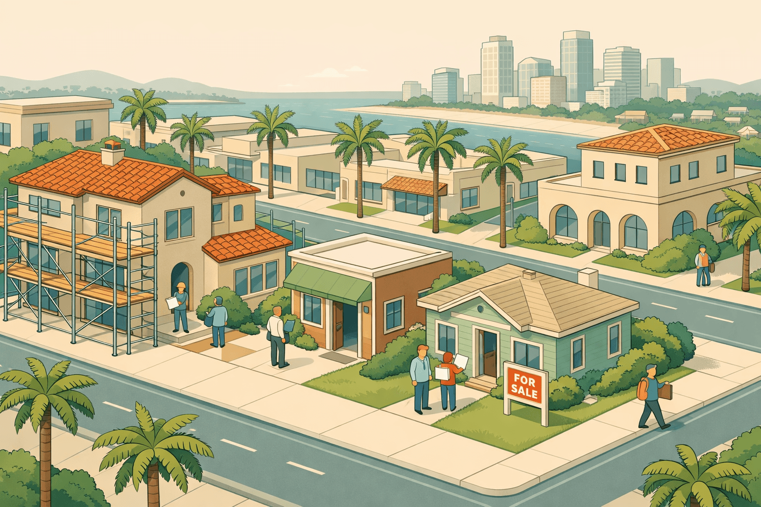 Isometric Florida neighborhood scene with homes under renovation, a mortgage office, palm trees, and small figures carrying documents near buildings.