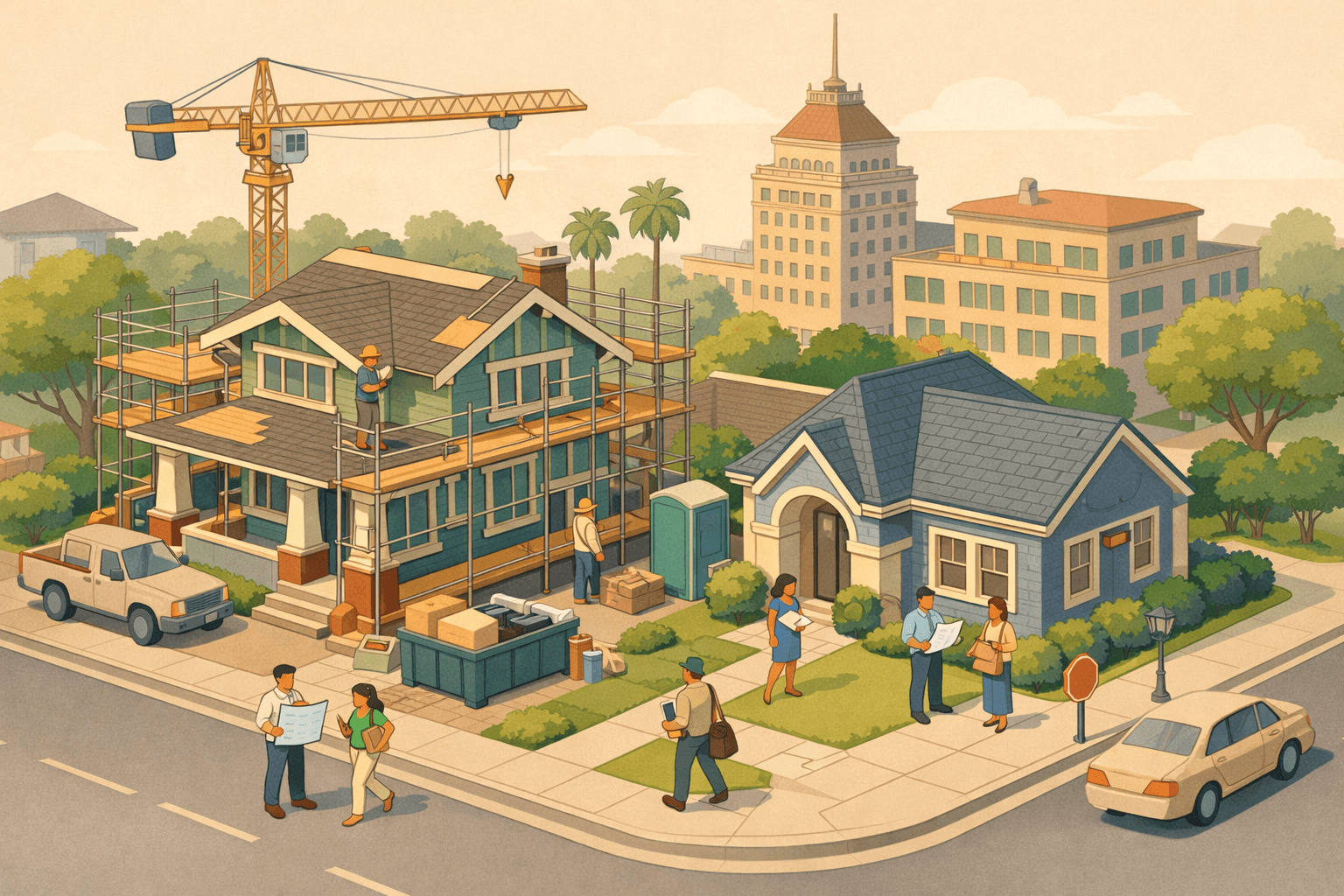Isometric scene of a Fresno neighborhood with a house under renovation, a small mortgage office, and tiny figures carrying blueprints near downtown-style buildings.