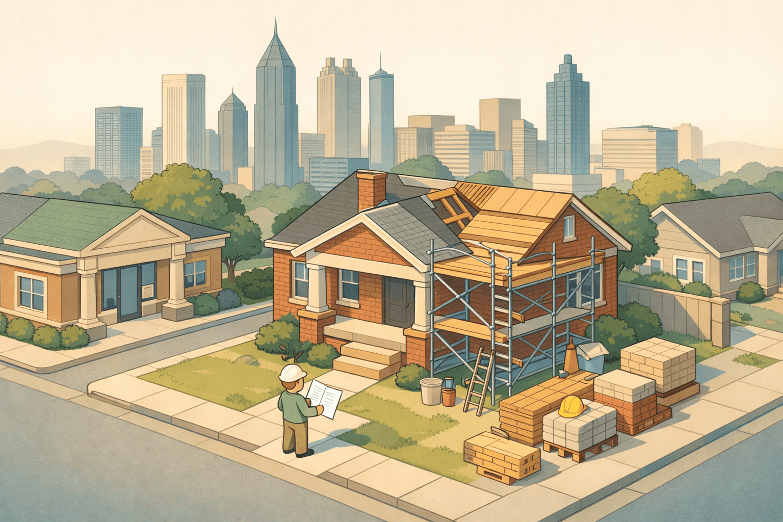 Isometric scene of a Georgia brick bungalow under renovation with scaffolding, a small figure with building plans, and an Atlanta skyline in the background.