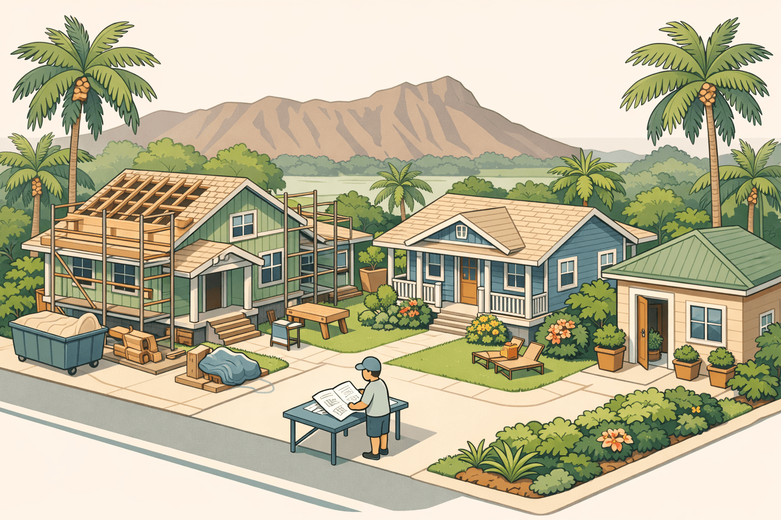 Isometric view of a Hawaiian neighborhood showing a home under renovation next to a local mortgage office with tropical landscaping and a mountain backdrop.