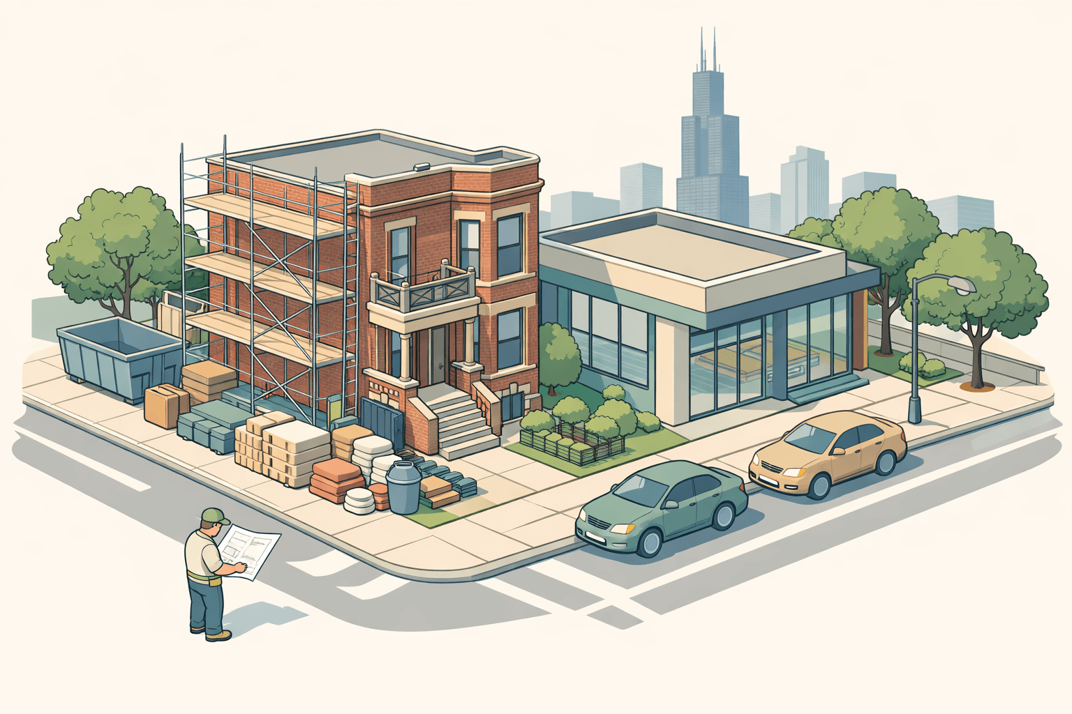 Isometric scene of a Chicago neighborhood with a brick building under renovation, a mortgage office nearby, and a small figure reviewing blueprints on the sidewalk.