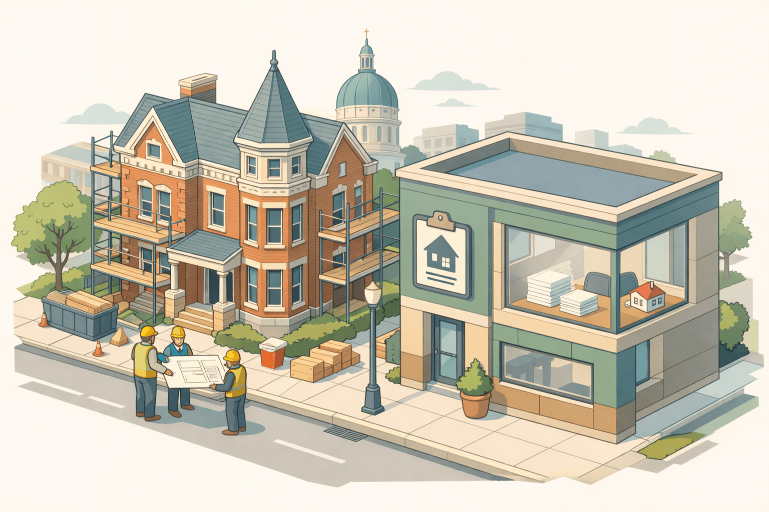 An isometric Indiana neighborhood showing a brick house under renovation next to a mortgage office building with tiny figures reviewing blueprints near scaffolding.