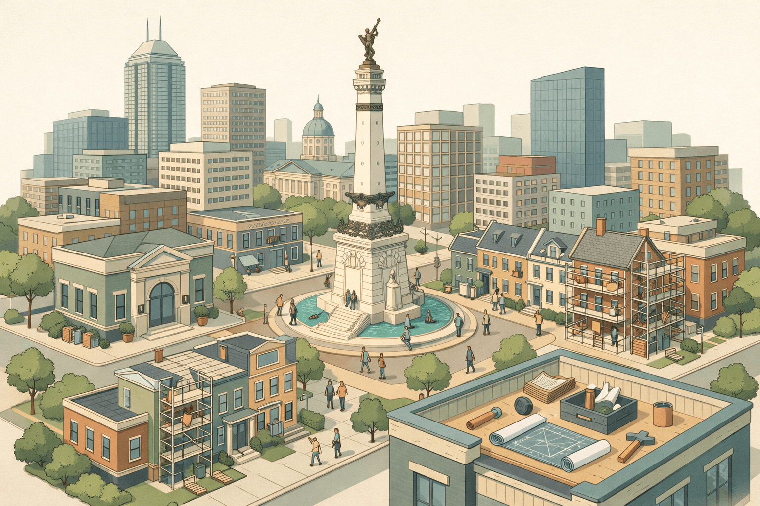 Isometric view of Indianapolis buildings including a central monument, residential homes under renovation, and a small mortgage office with people nearby.