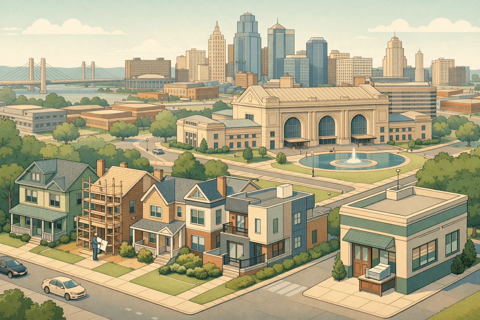 Isometric view of Kansas City with Union Station, residential homes under renovation, a local mortgage office, and a small figure reviewing blueprints outside.