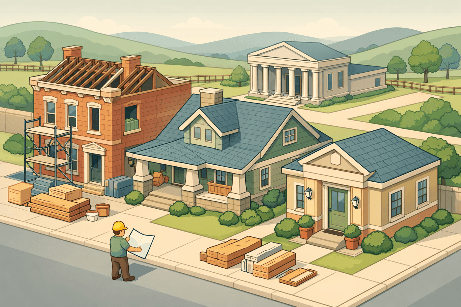 Isometric scene of a Kentucky neighborhood with a historic home under renovation, a mortgage office, and rolling hills in the background.