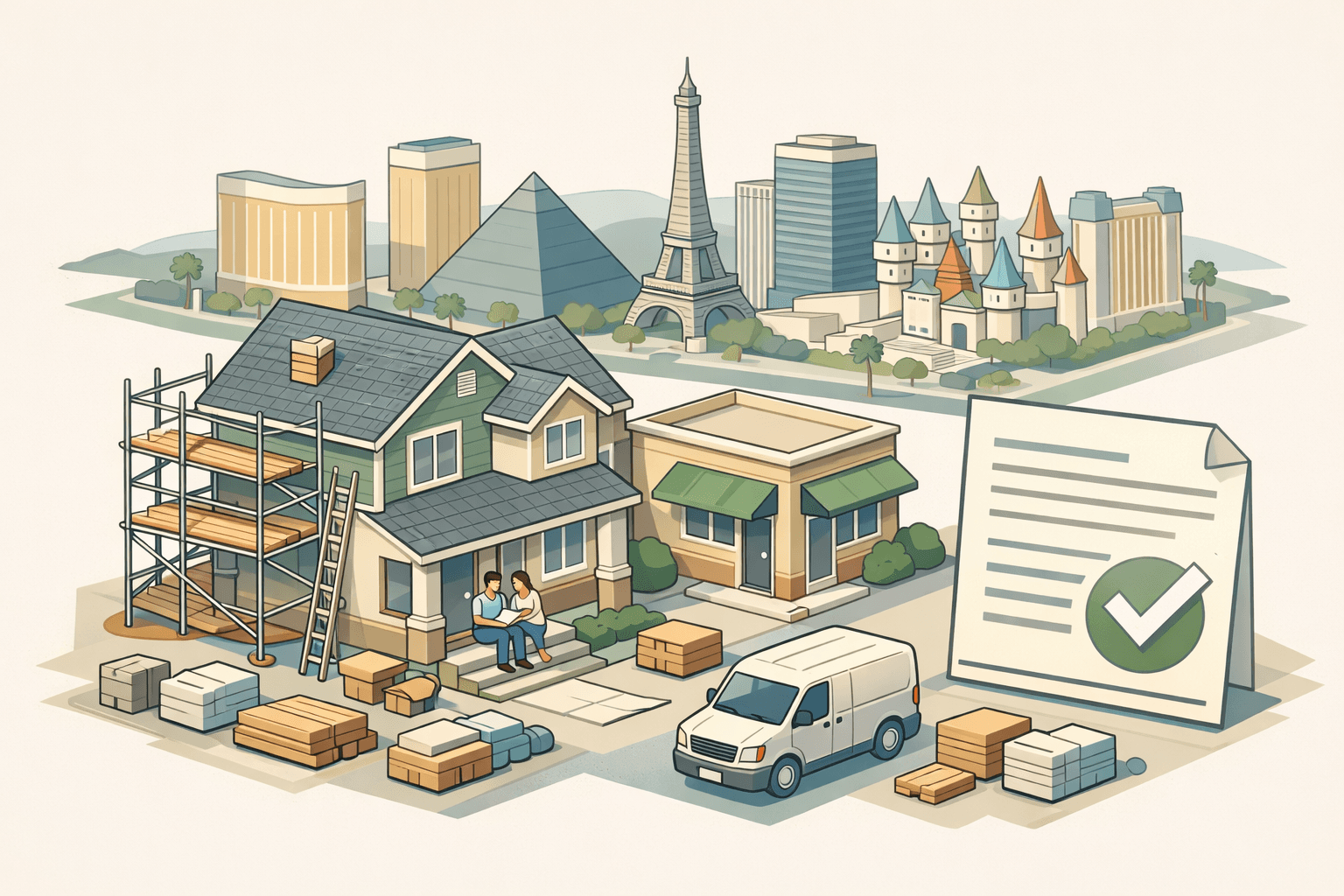 Isometric scene of a Las Vegas neighborhood with a house under renovation, a mortgage office, and small figures reviewing loan documents near the Strip skyline.