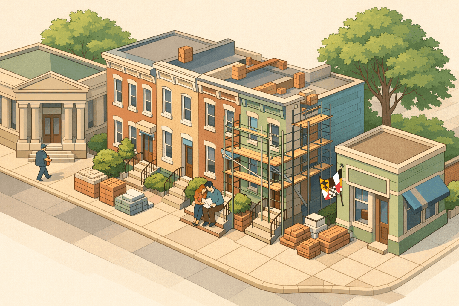 Isometric illustration of a Baltimore rowhouse block mid-renovation with a nearby bank building, tiny figures of homebuyers and a loan officer, and stacked construction materials.