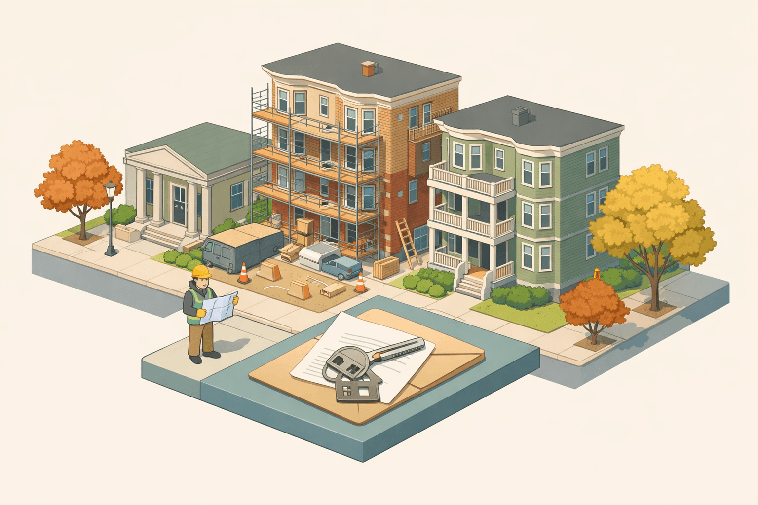 Isometric scene of a historic Massachusetts neighborhood with a triple-decker home under renovation beside a small bank branch and a tiny figure reviewing blueprints.