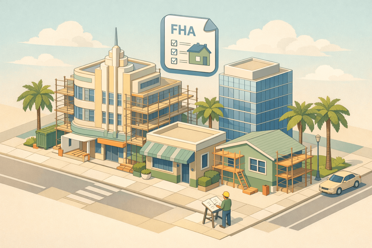 Isometric Miami streetscape showing an art deco building under renovation, a mortgage office storefront, palm trees, and a small figure reviewing blueprints.