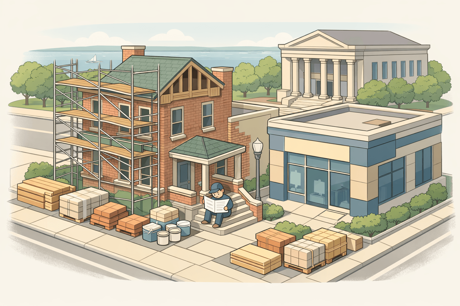Isometric scene of a Michigan brick house under renovation next to a mortgage office building with a small figure reviewing blueprints outside.