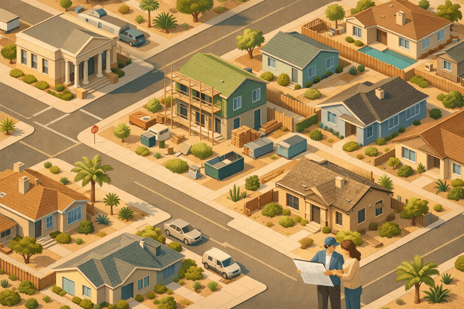 Isometric view of a Las Vegas neighborhood with homes under renovation, a small bank building, and tiny figures reviewing house plans on a quiet street.