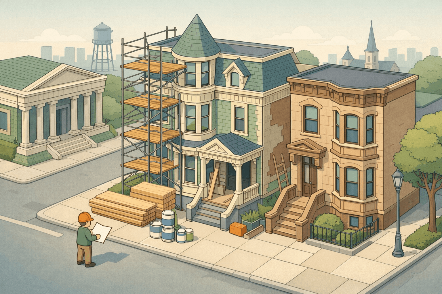 A New Jersey neighborhood with a Victorian rowhouse under renovation next to a restored brownstone and a small bank building in an isometric scene.