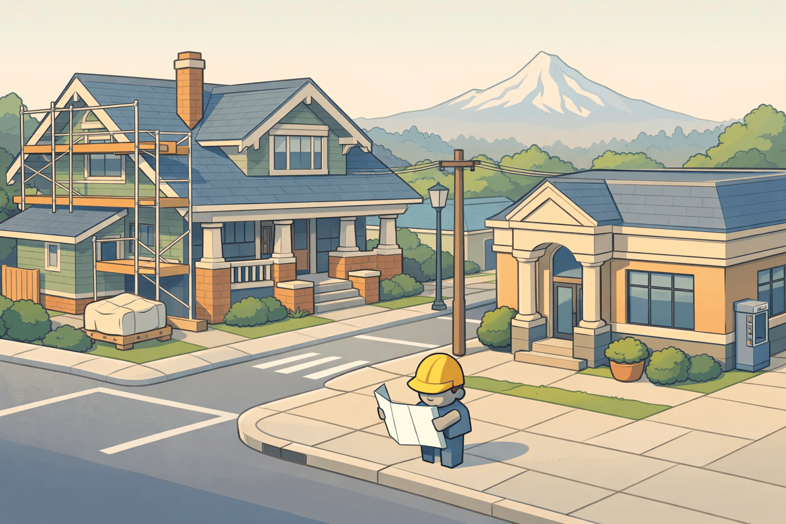 Isometric scene of a craftsman home under renovation next to a local bank in a Portland neighborhood with Mount Hood in the background.