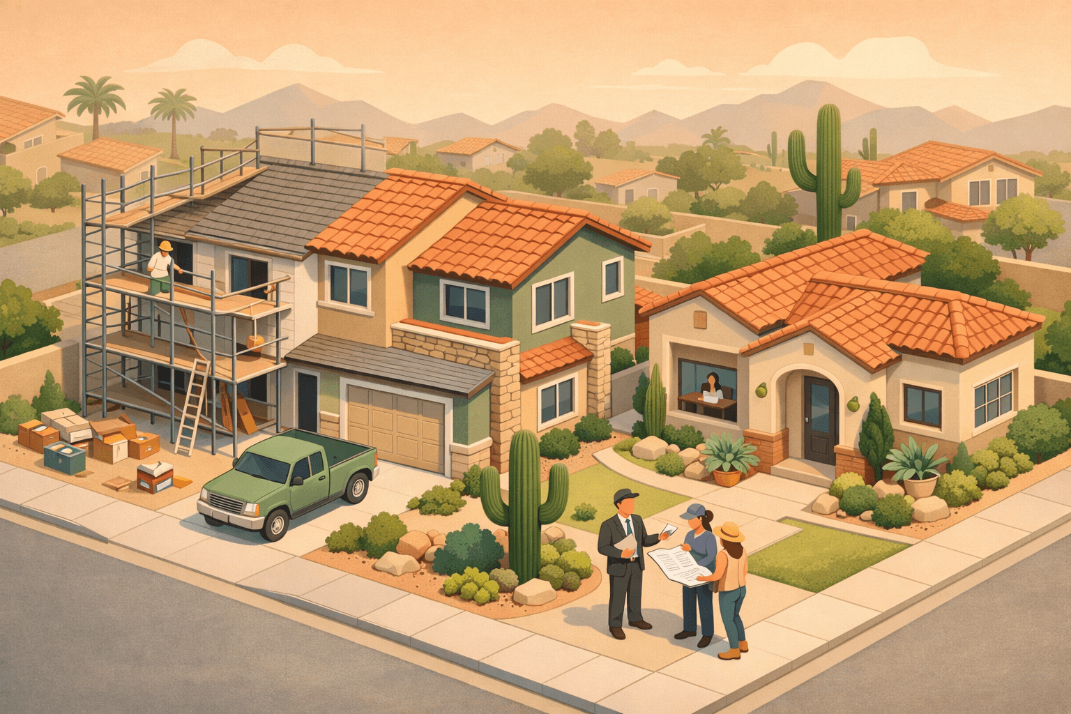 Isometric illustration of a Phoenix neighborhood with a home under renovation, a mortgage office, and small figures reviewing loan documents outdoors.