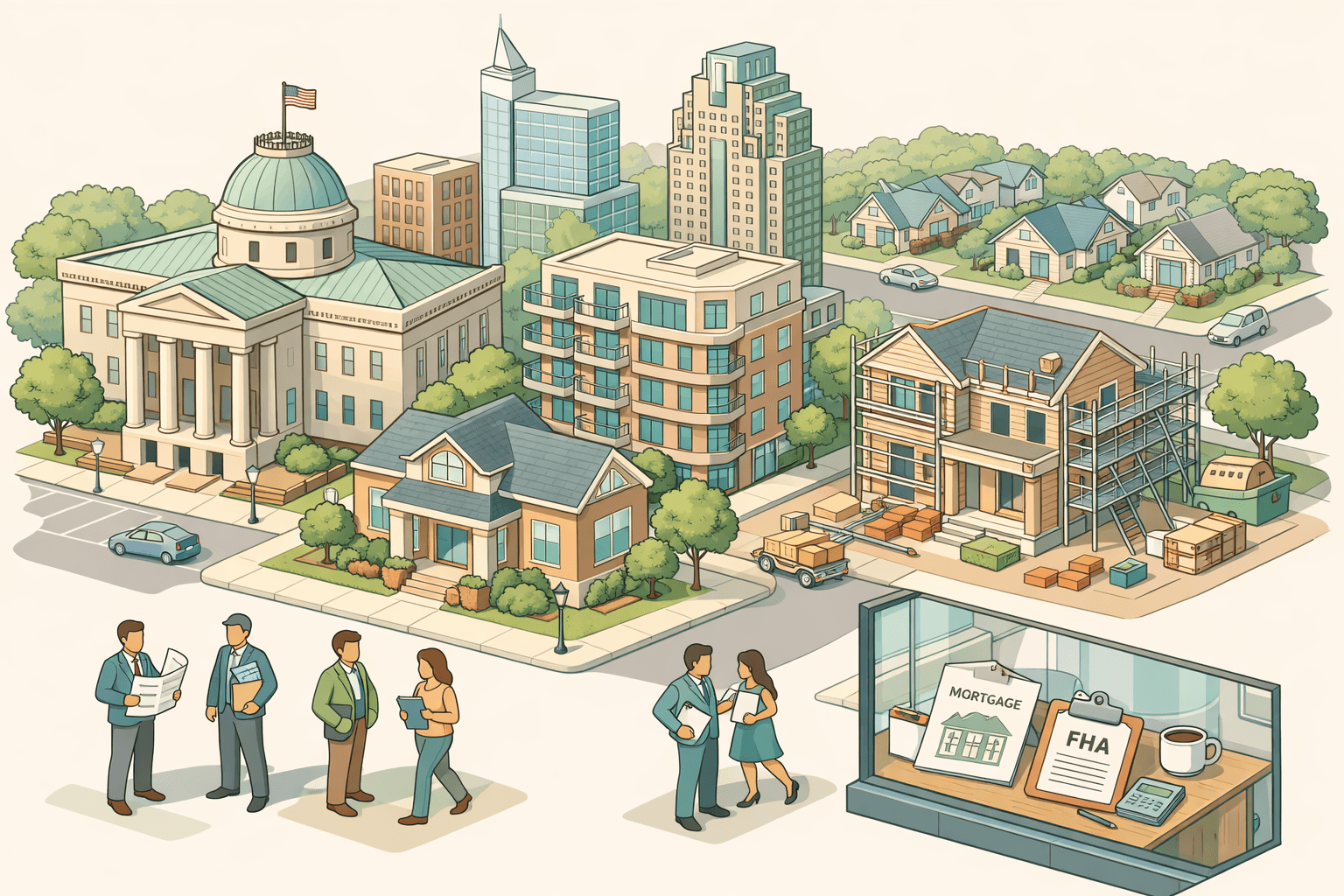 Isometric scene of Raleigh buildings including a capitol dome, a bank office, and a home under renovation with tiny people nearby.