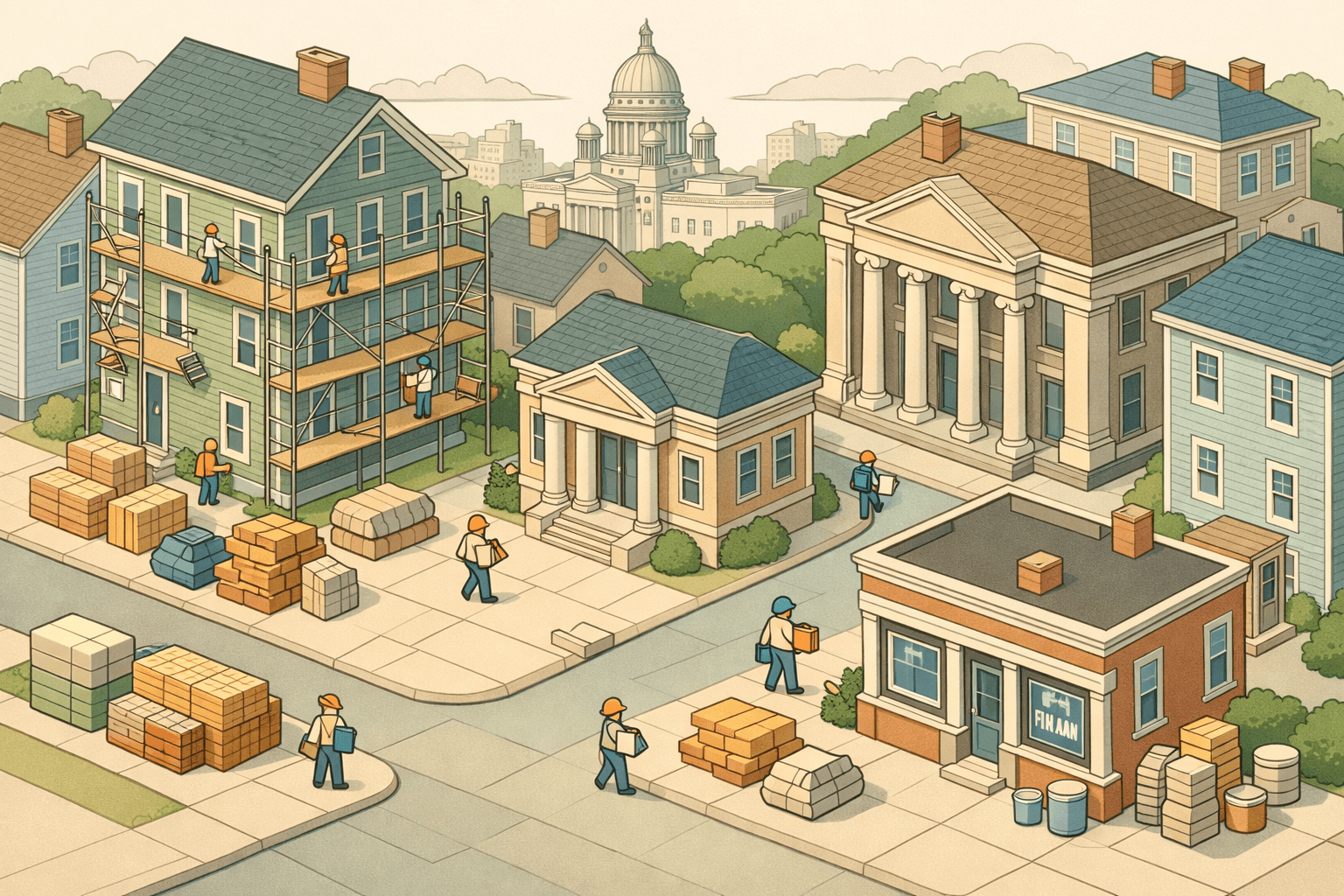 Isometric view of a Rhode Island neighborhood with historic homes under renovation, a housing agency office, and a regional bank branch on a quiet street.