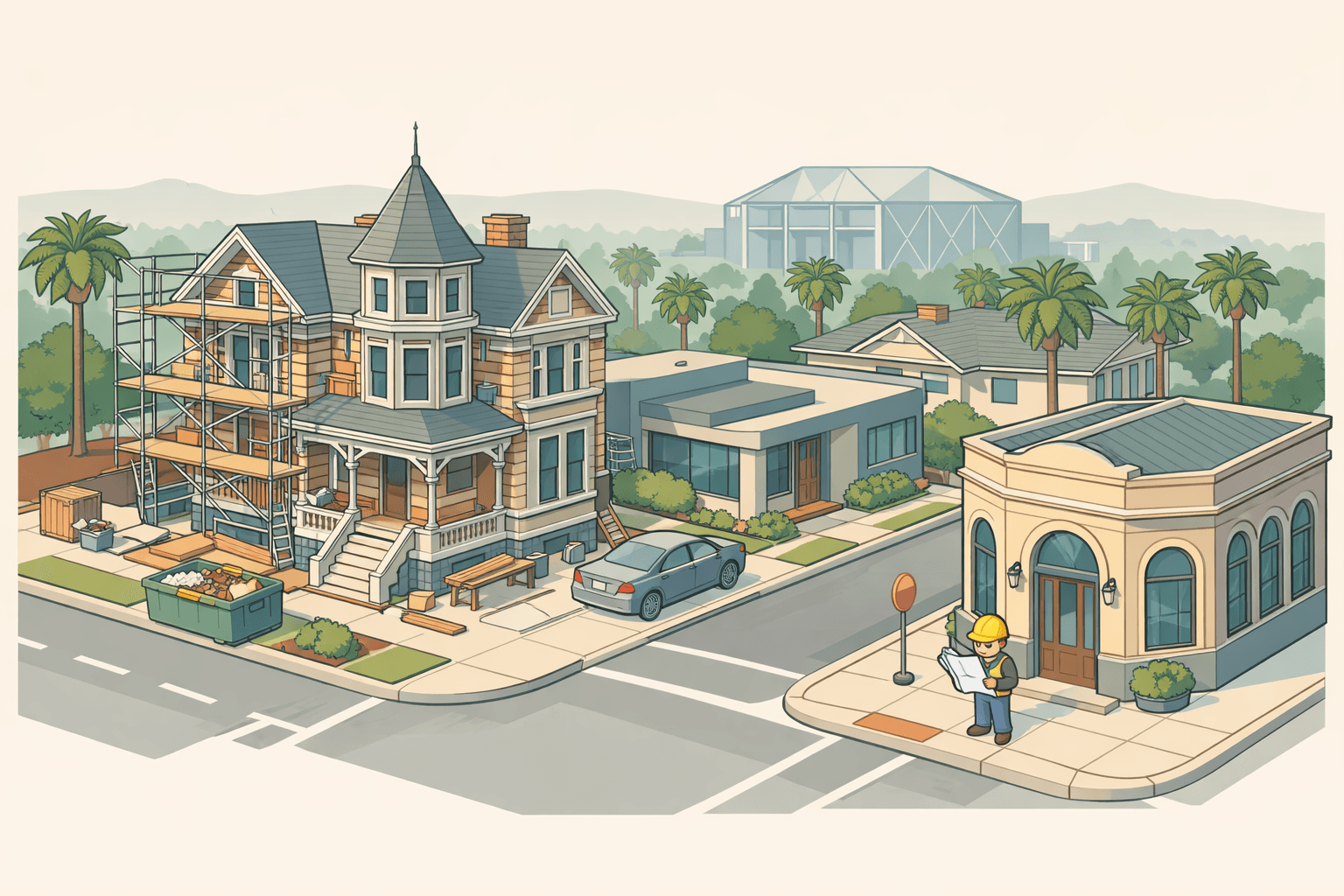 Isometric illustration of a San Jose neighborhood with a house under renovation, a small bank building, and a distant arena skyline.