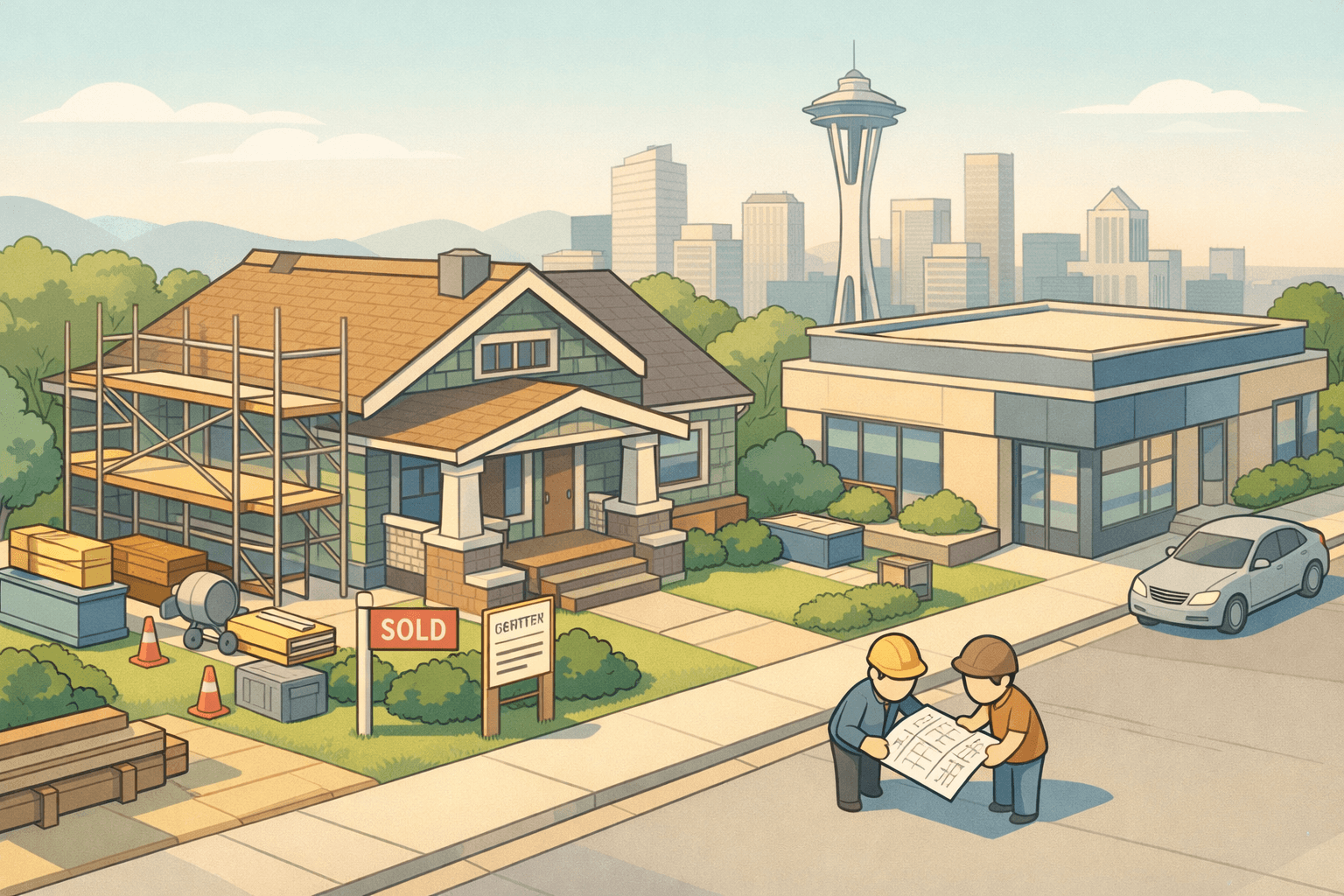 Isometric scene of a Seattle craftsman home under renovation near a mortgage office with the Space Needle visible in the background.
