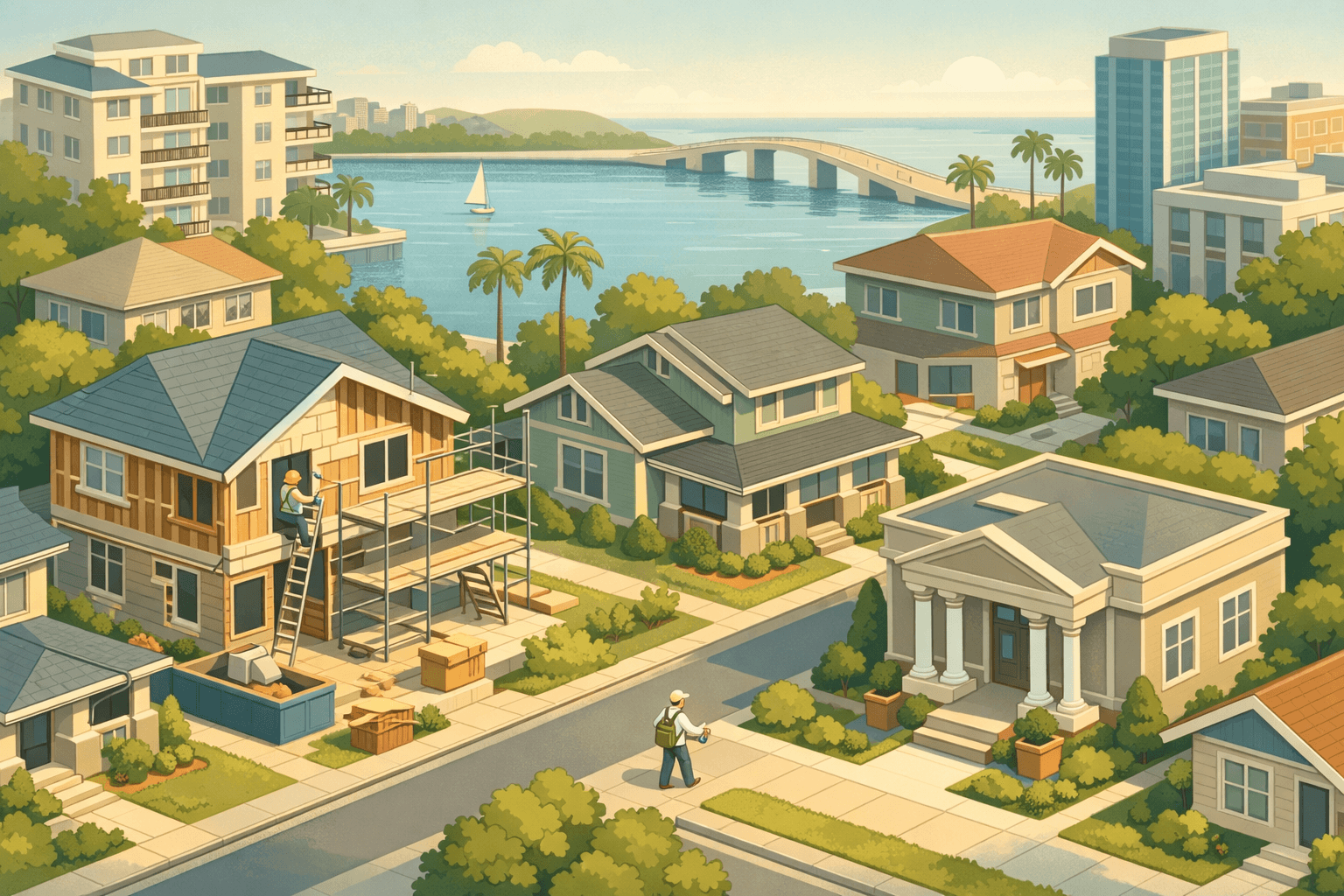 Isometric view of a Tampa waterfront neighborhood with a home under renovation, a small mortgage office, and a calm bay in the background.