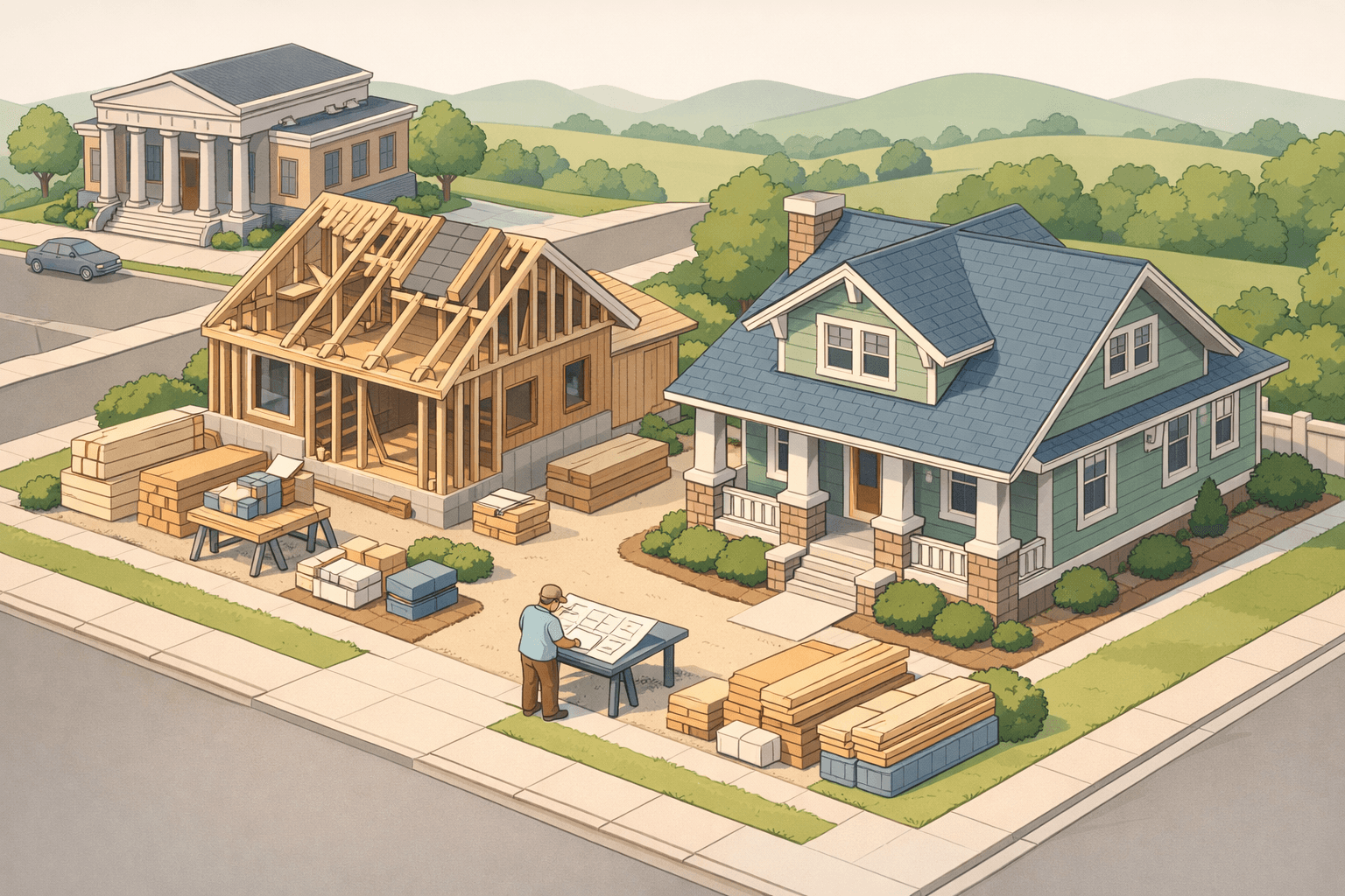 Isometric illustration of a Tennessee neighborhood with a craftsman house under renovation, a small mortgage office, and rolling hills in the background.