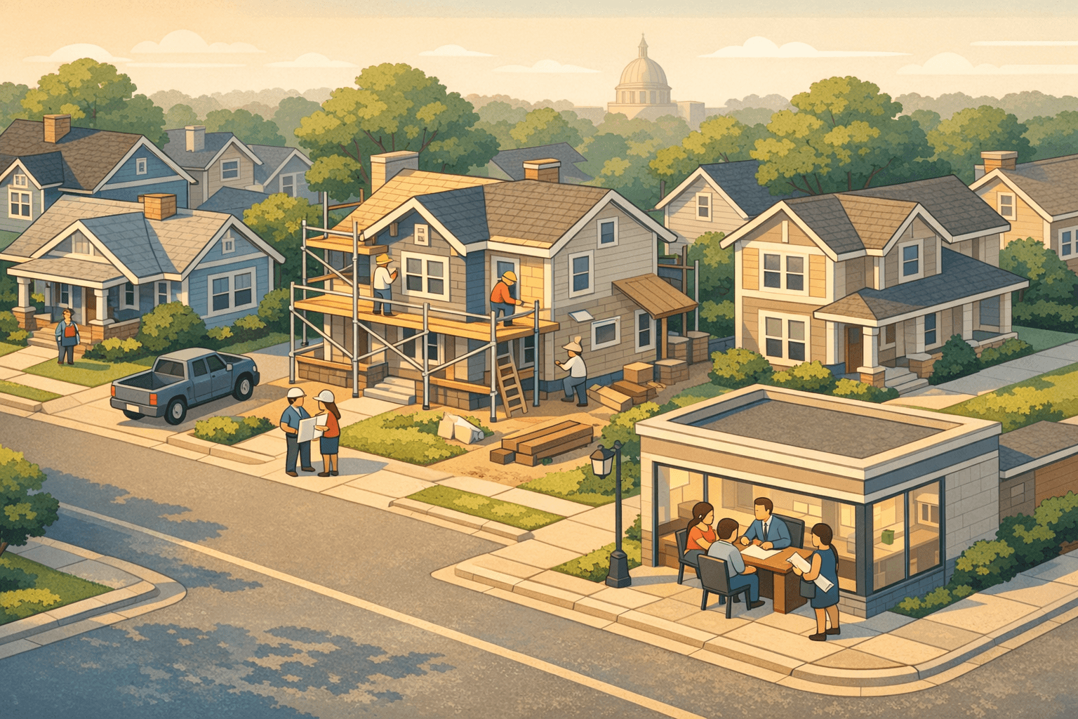 Isometric scene of a Texas neighborhood with a home under renovation, a nearby mortgage office, and small figures reviewing financing plans.