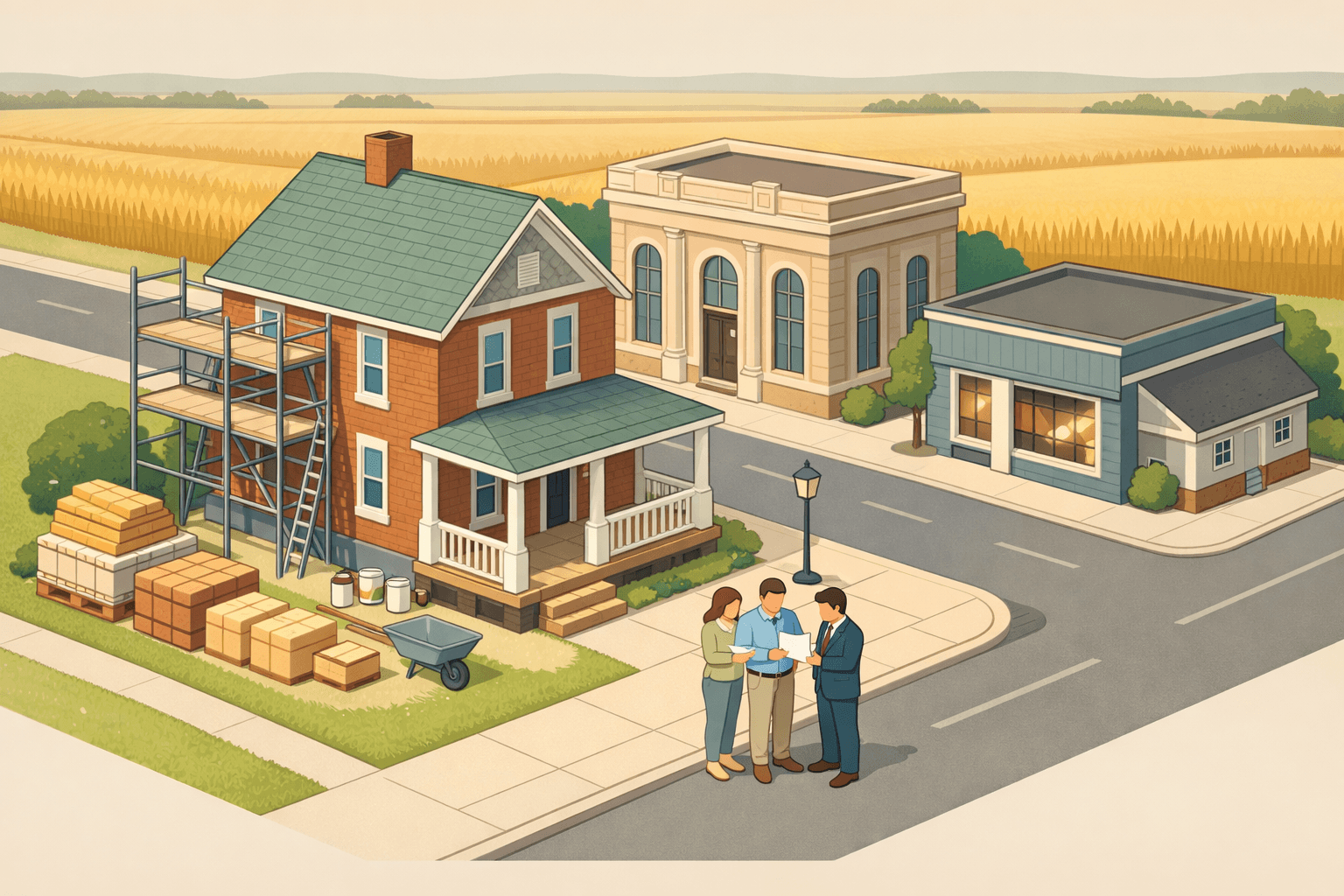 Isometric illustration of a Great Plains town with a farmhouse under renovation, a regional bank, and small figures reviewing mortgage documents outside.