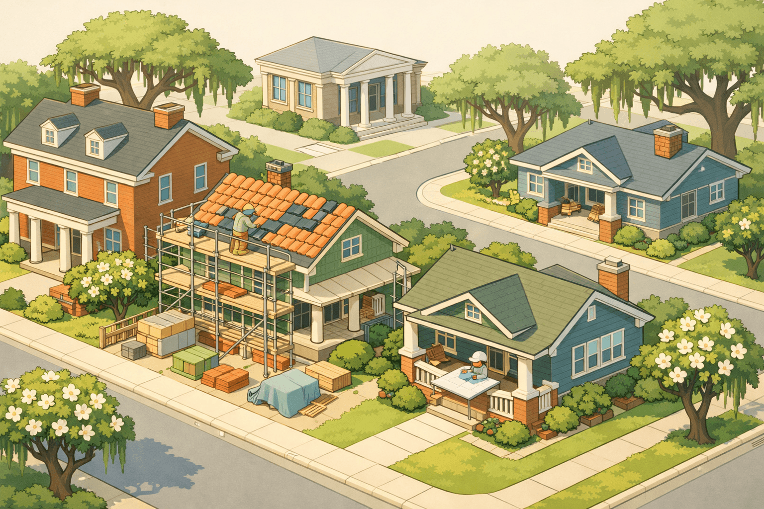 Isometric view of a Southeast neighborhood with homes under renovation, a mortgage office building, and a figure reviewing blueprints outdoors.