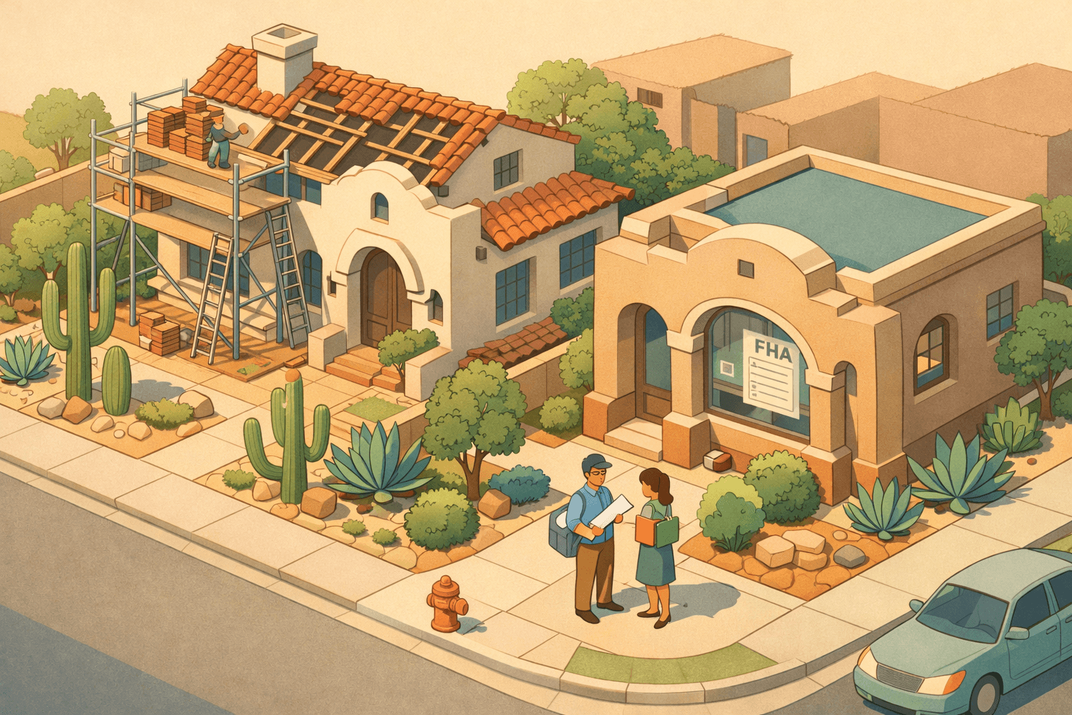 Isometric scene of a Tucson neighborhood with a home under renovation, a mortgage office, desert plants, and small figures carrying documents nearby.