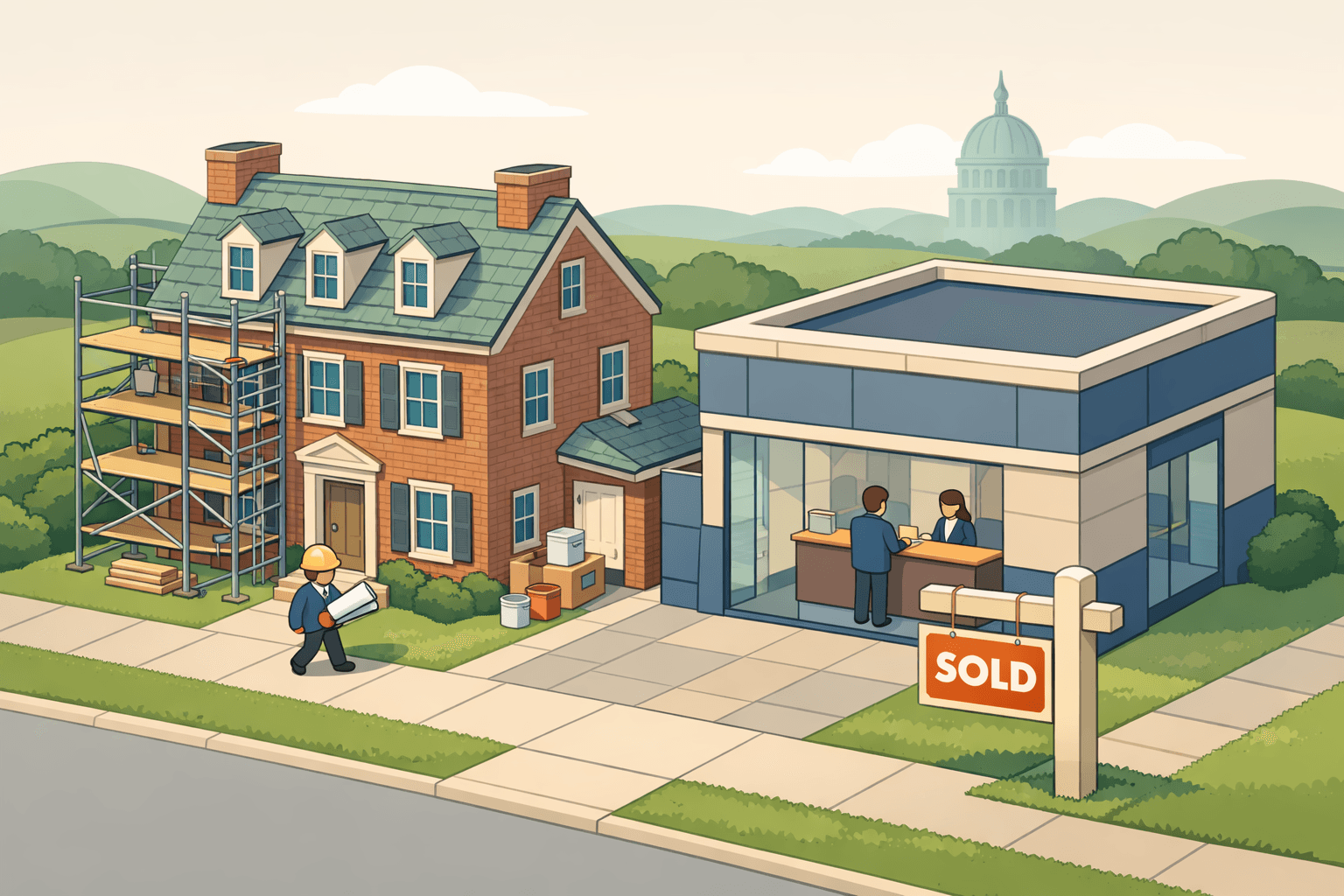Isometric illustration of a brick Colonial home being renovated next to a mortgage office building in a Virginia neighborhood setting.