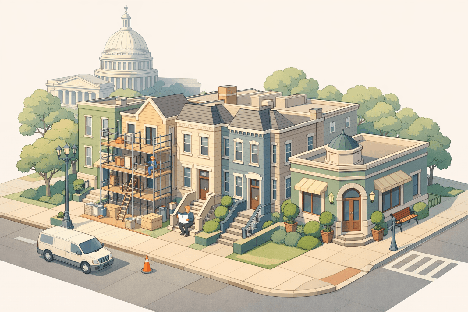 Isometric scene of Washington DC row houses with one home under renovation, a figure reviewing plans outside, and a neoclassical building in the background.