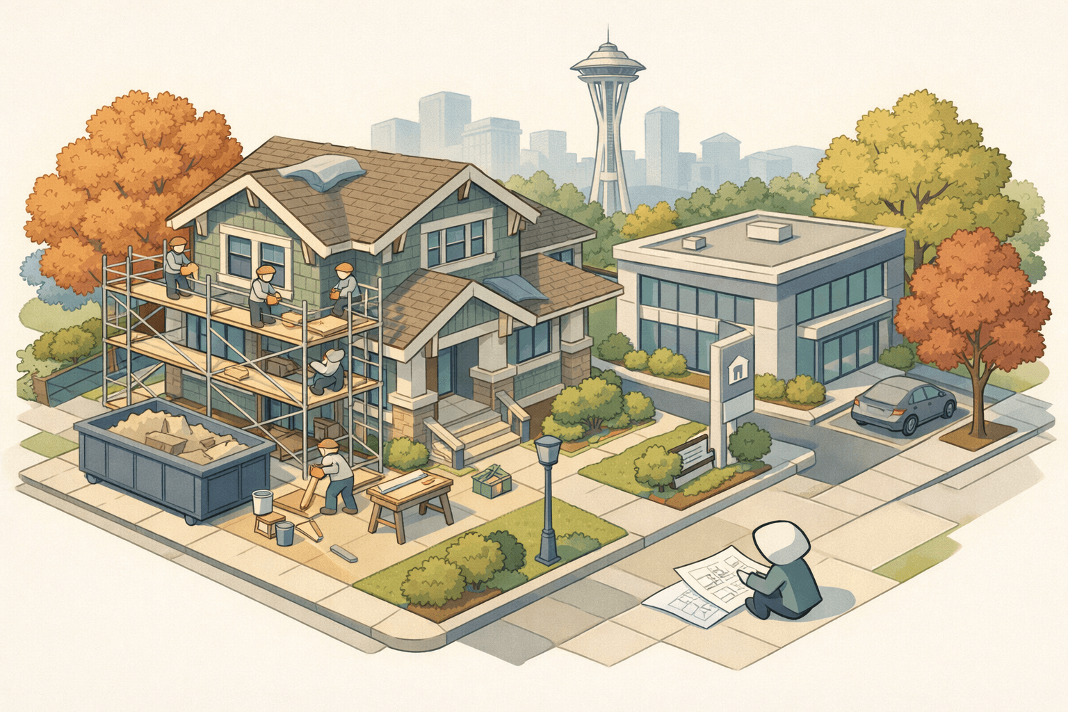 Isometric illustration of a craftsman home being renovated in a Pacific Northwest neighborhood with the Seattle skyline in the background.