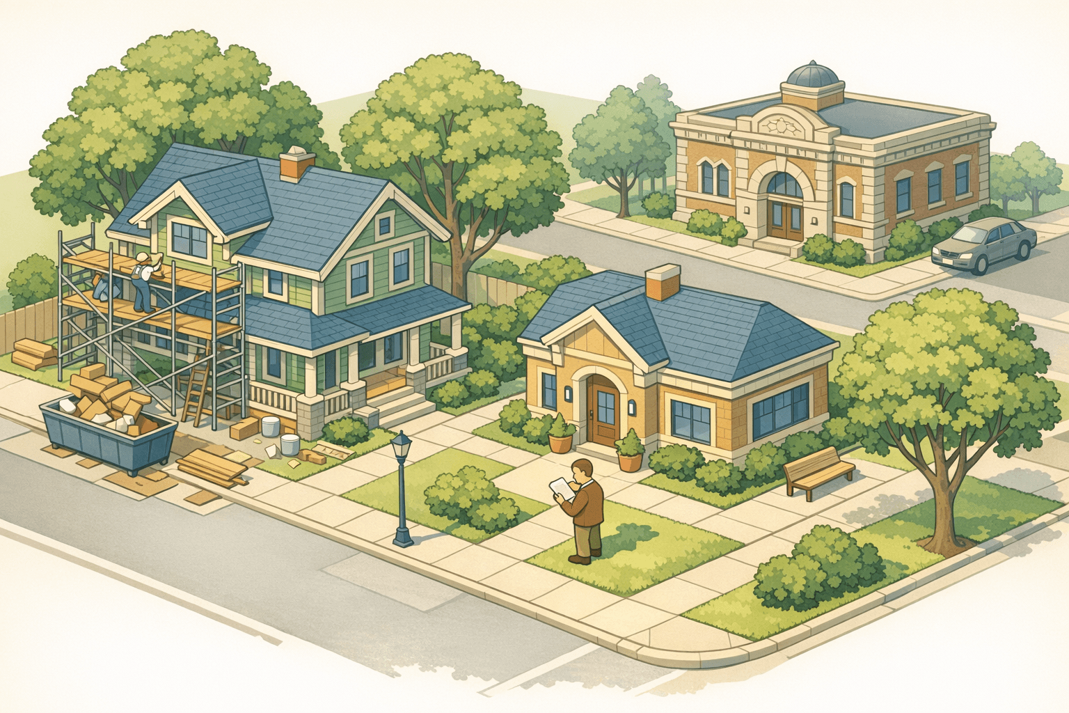 A Wisconsin neighborhood scene showing a home under renovation next to a small mortgage office building, with a tiny figure reviewing loan documents outside.