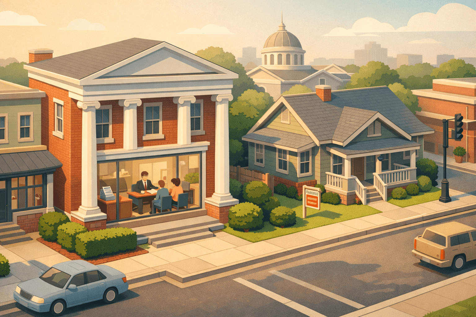 Isometric scene of an Alabama mortgage office in a brick building with columns, a nearby home for sale, and a couple meeting with a loan officer inside.