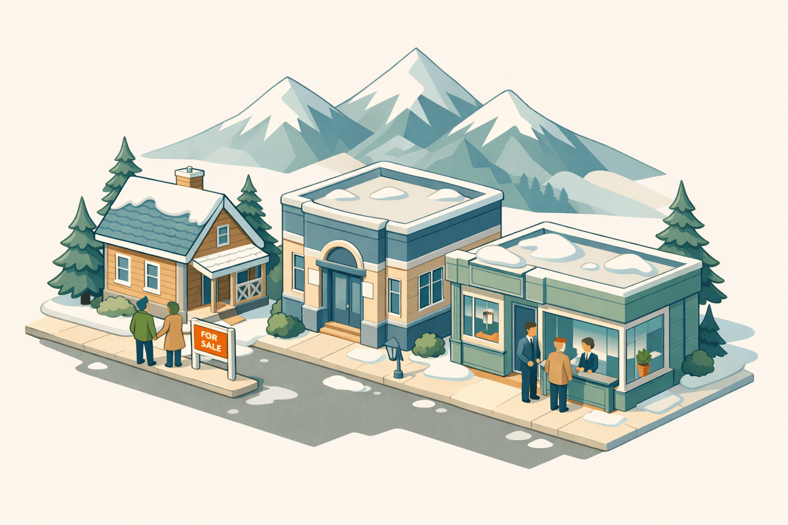 Isometric Alaskan street scene with a snow-dusted house, a local bank, a mortgage office, and mountain peaks in the background.
