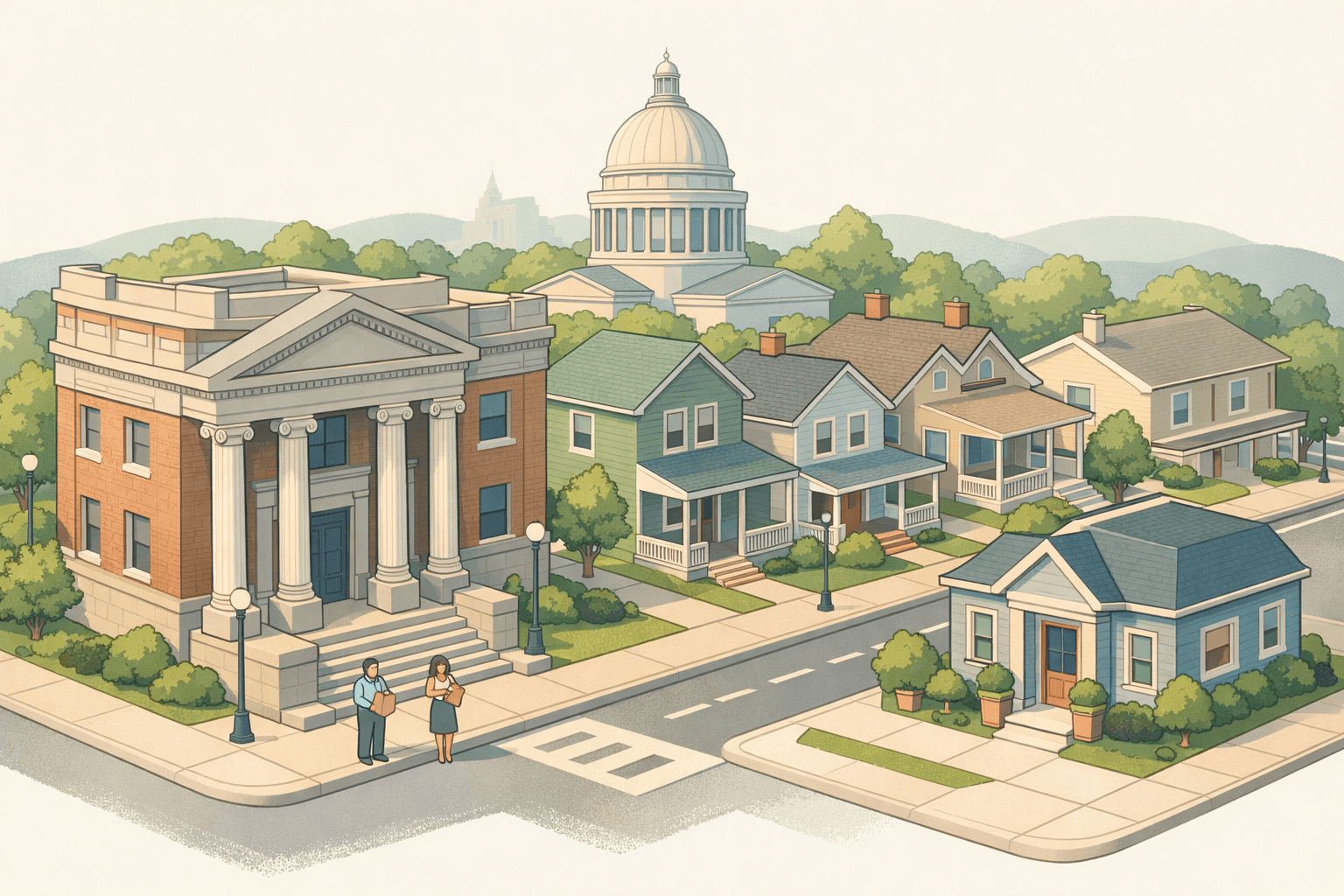 Isometric scene of an Arkansas main street with a brick bank building, residential homes, a capitol dome in the background, and small figures near the entrance.