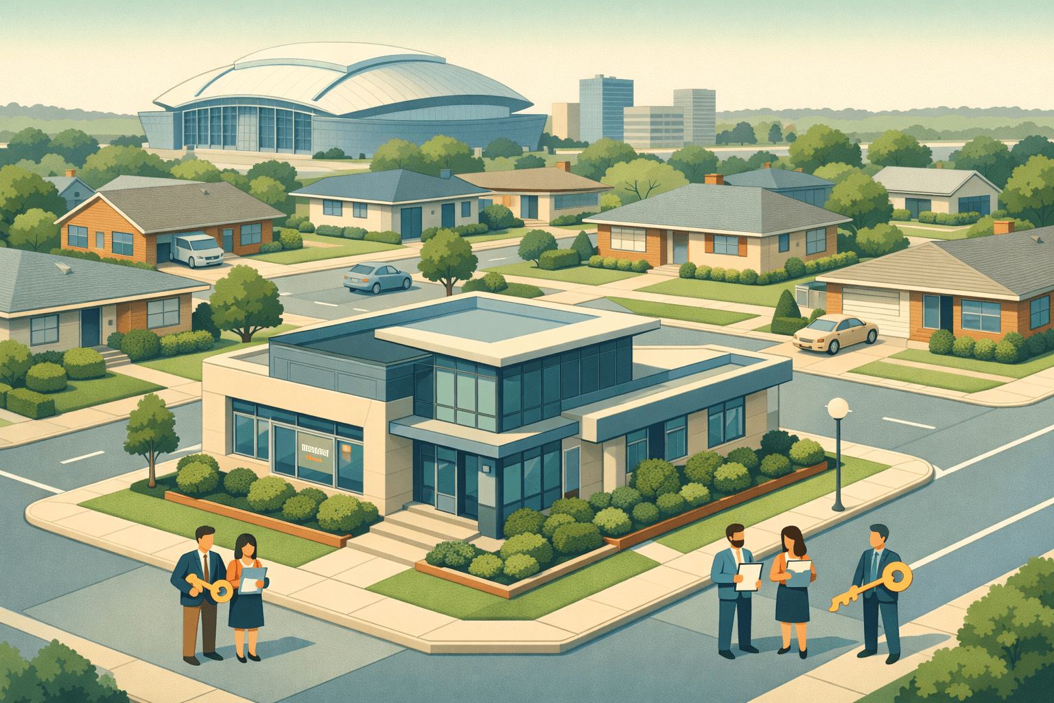 Isometric view of an Arlington neighborhood with homes, a bank building, and a stadium in the background, small figures holding keys and documents.