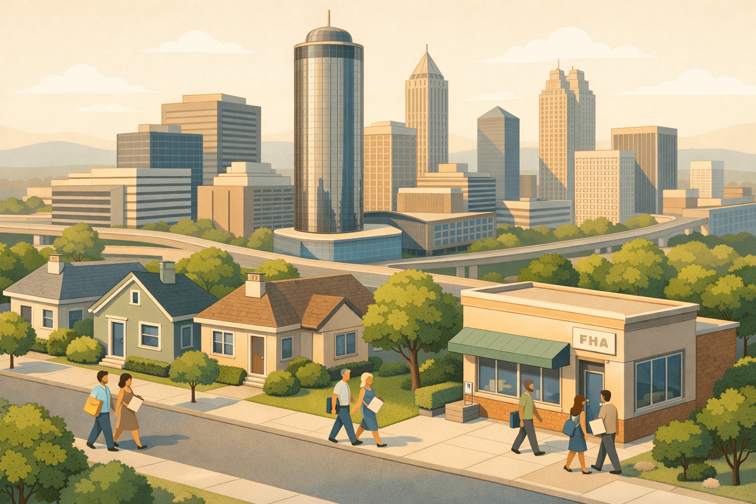 Isometric scene of Atlanta downtown buildings alongside a residential neighborhood with a small mortgage office and tiny figures of homebuyers on the street.