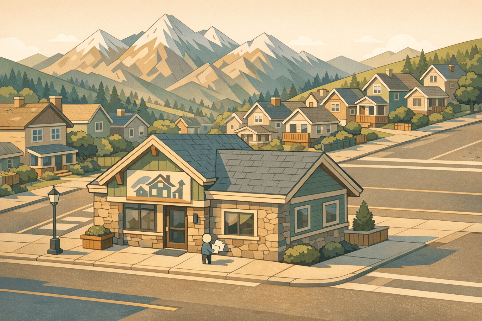 Isometric view of a Colorado mountain town mortgage office with residential homes and Rocky Mountain peaks in the background.